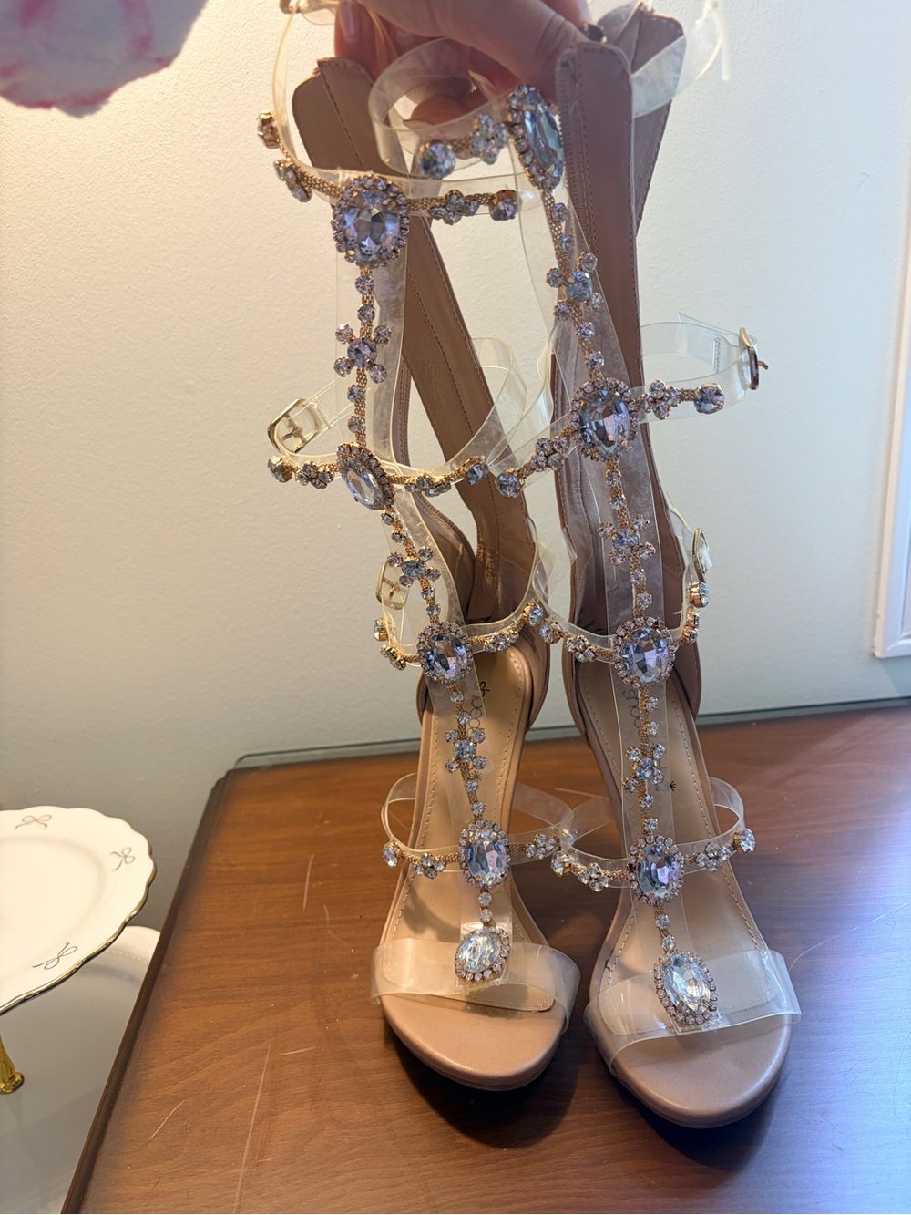 Shoe Dazzle Nude Crystal-Strap High Heel Sandals
